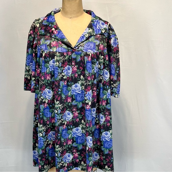 VINTAGE dark moody rose floral top short sleeve collar neckline plus size 80e - Picture 5 of 9